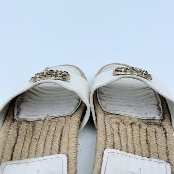 Chanel Authentic White Leather Espadrilles Flats Sandals Slides CC 9 Jewels 40 - Picture 9 of 12